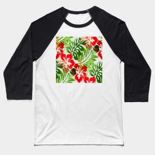 Hawaiian Flowered Pattern Tropical Red Green Baseball T-Shirt